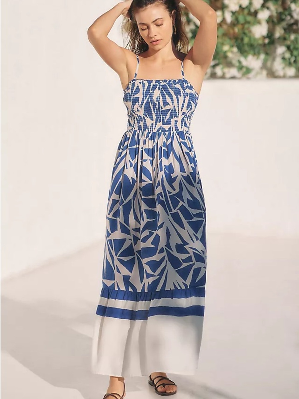 Anthropologie Smocked Maxi Dress Blue White Tropical Aloha Resort Island Large
